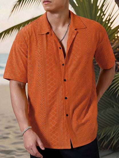 Genlund Men's Textured Jacquard Short-Sleeved Casual Shirt For Commuting, Holiday