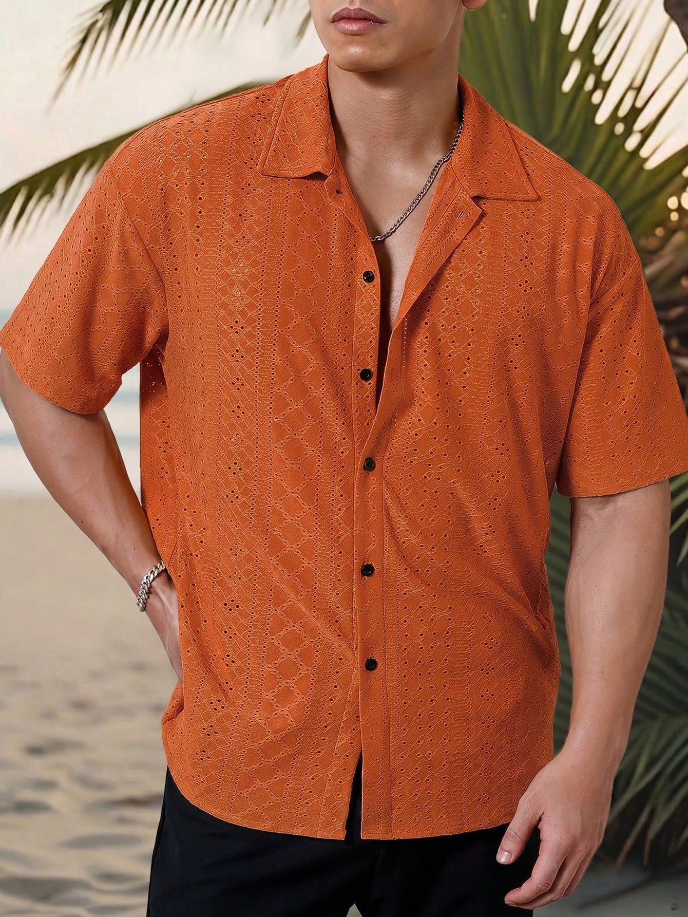 Genlund Men's Textured Jacquard Short-Sleeved Casual Shirt For Commuting, Holiday