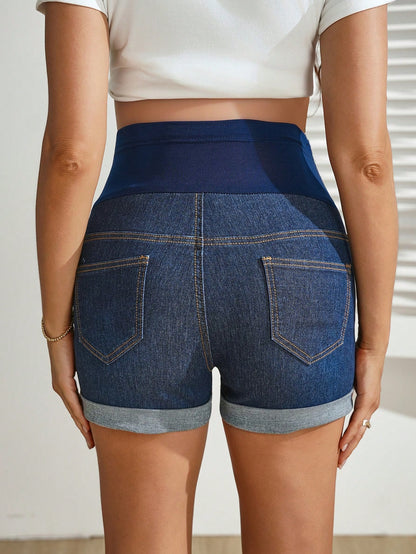 GentleRue Maternity Maternity Simple Dark Wash Denim Shorts,Navy Blue Summer Smart Casual Jean Shorts For Pregnant Women,Ladies Bum Shorts