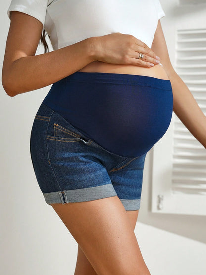 GentleRue Maternity Maternity Simple Dark Wash Denim Shorts,Navy Blue Summer Smart Casual Jean Shorts For Pregnant Women,Ladies Bum Shorts