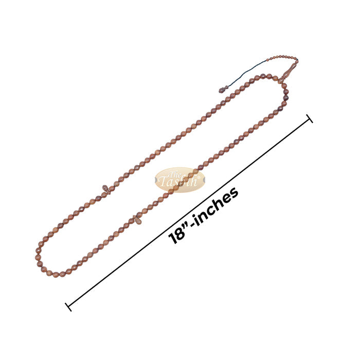 Brown wooden Islamic misbaha prayer beads with 99 beads and a black tassel cord.