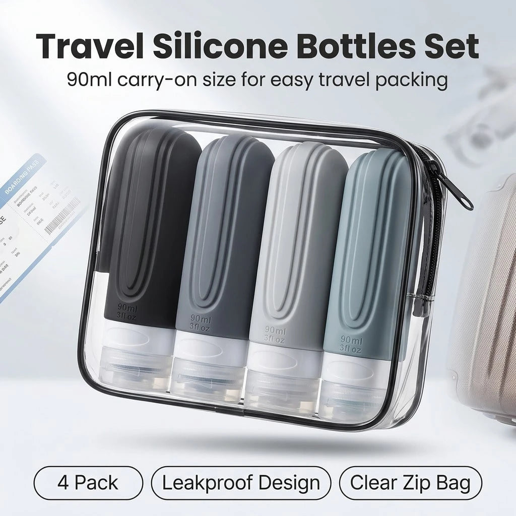 GGGold 4 Pack Leakproof Silicone Travel Bottles 90ml TSA Carry On Cosmetic Dispenser Set With Clear Zipper Bag