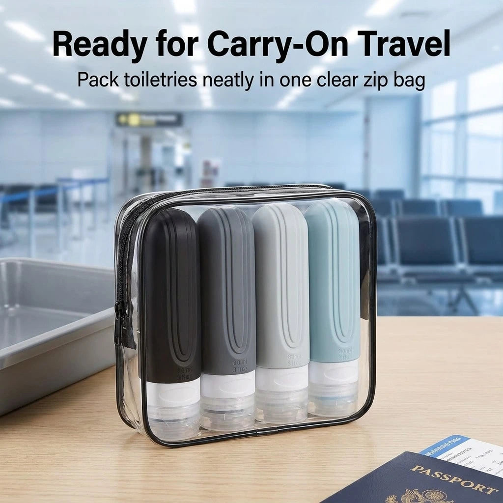 GGGold 4 Pack Leakproof Silicone Travel Bottles 90ml TSA Carry On Cosmetic Dispenser Set With Clear Zipper Bag