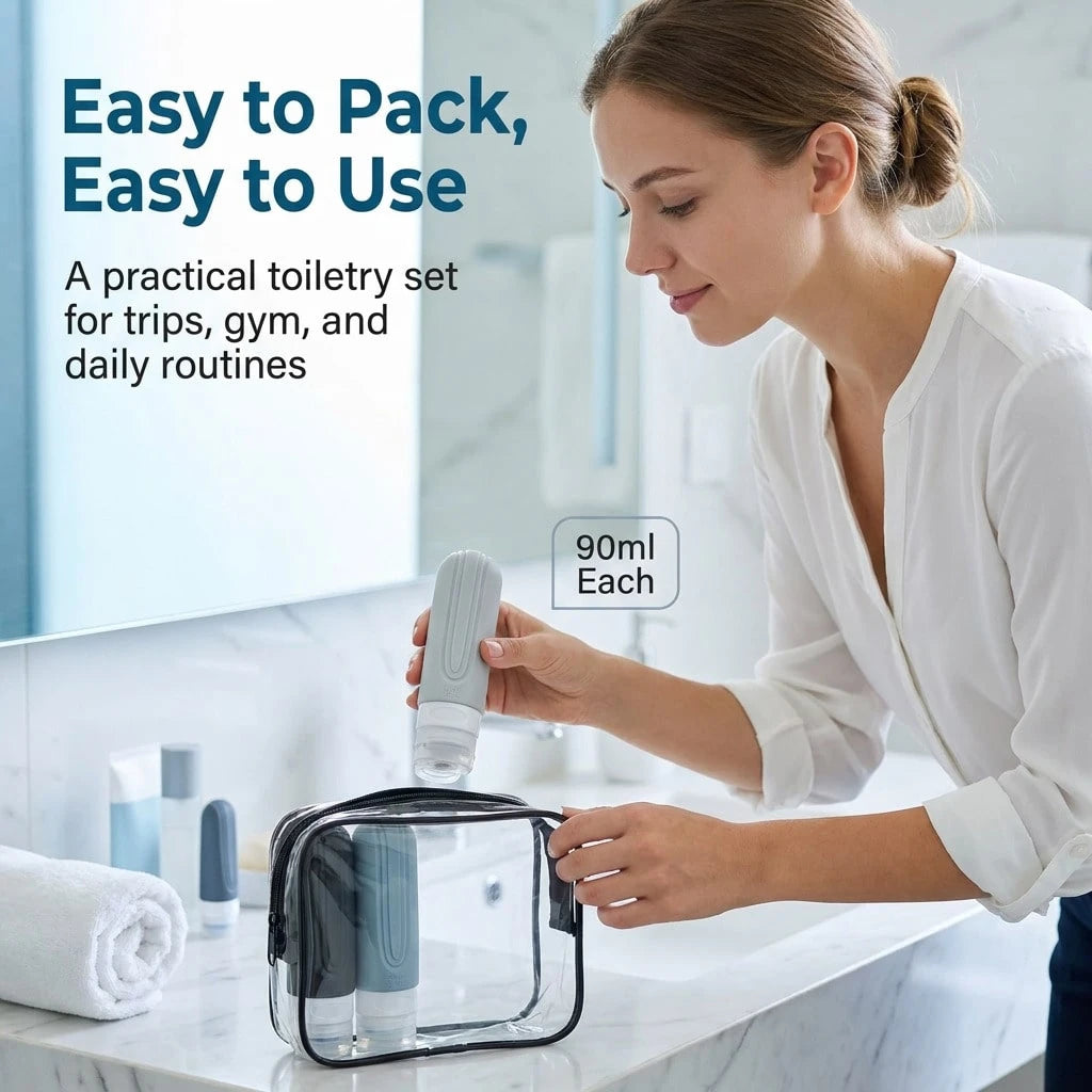 GGGold 4 Pack Leakproof Silicone Travel Bottles 90ml TSA Carry On Cosmetic Dispenser Set With Clear Zipper Bag