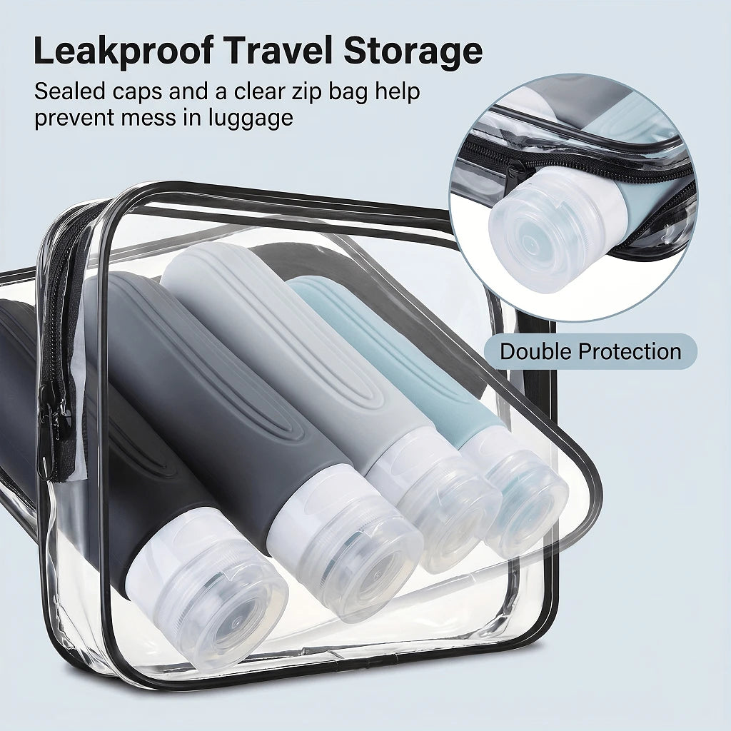 GGGold 4 Pack Leakproof Silicone Travel Bottles 90ml TSA Carry On Cosmetic Dispenser Set With Clear Zipper Bag