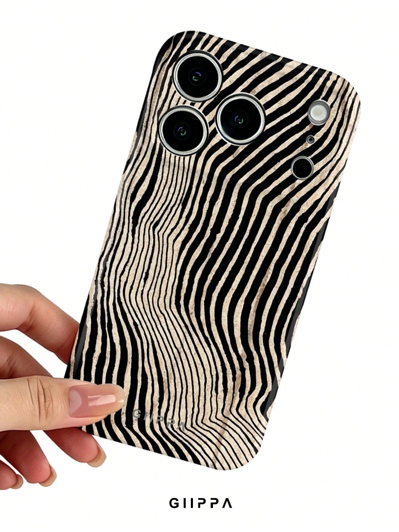 GIIPPA 1pc Beige Background With Black Asymmetric Zebra Pattern Design, Phone 17 Pro Max Phone Case, Compatible With Phone 16 Pro Max, 15 Pro Max, 14 Pro Max, Korean Style High-End Fashion Fun Phone C