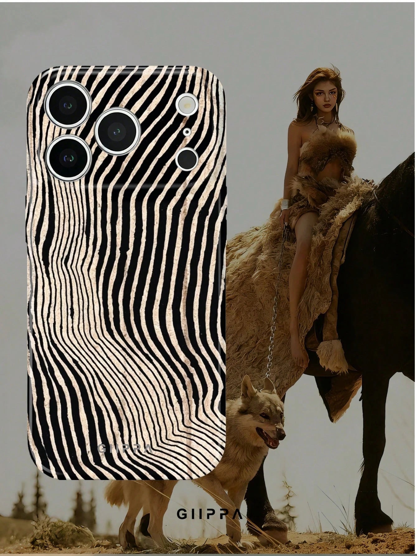 GIIPPA 1pc Beige Background With Black Asymmetric Zebra Pattern Design, Phone 17 Pro Max Phone Case, Compatible With Phone 16 Pro Max, 15 Pro Max, 14 Pro Max, Korean Style High-End Fashion Fun Phone C
