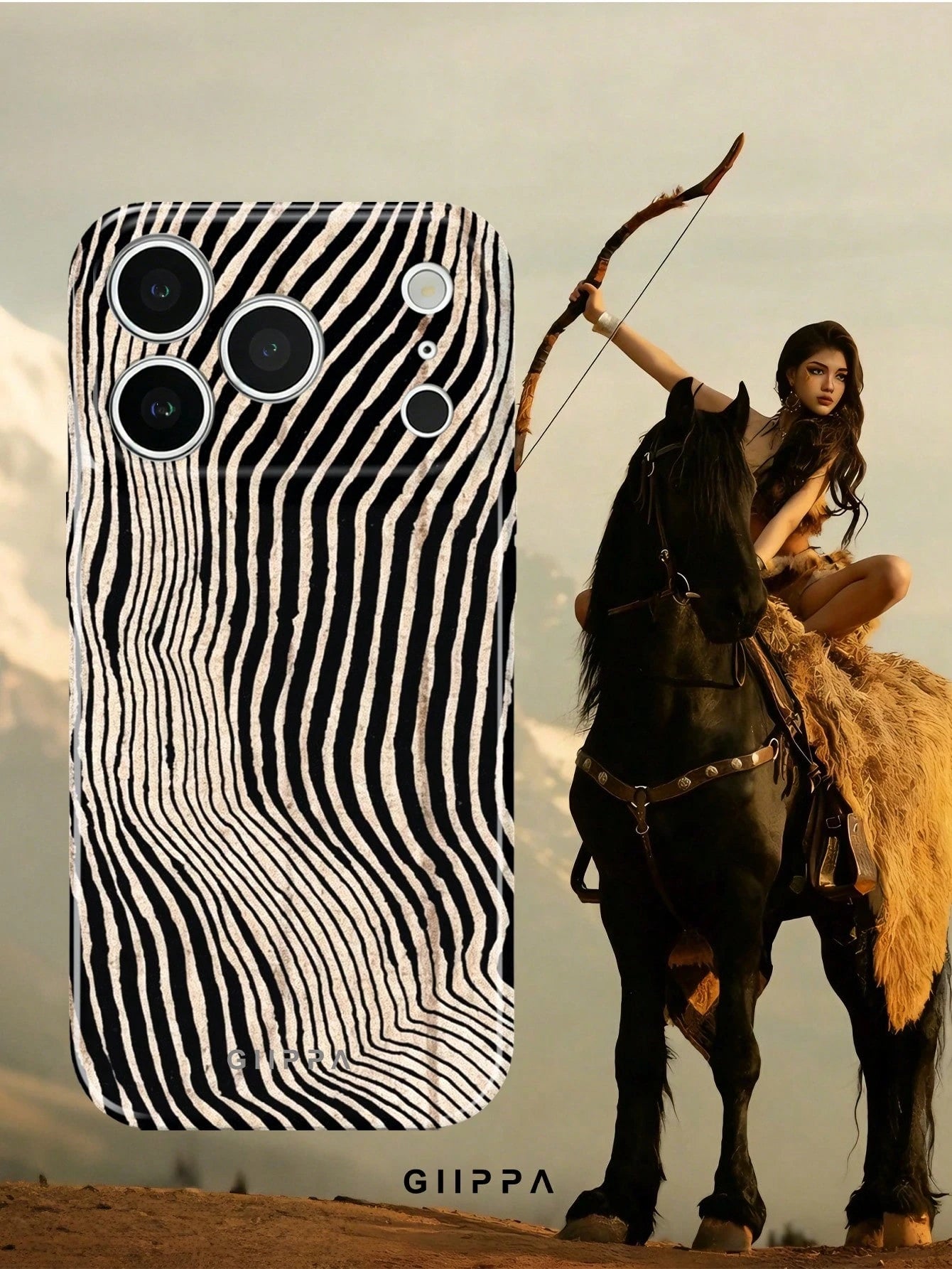 GIIPPA 1pc Beige Background With Black Asymmetric Zebra Pattern Design, Phone 17 Pro Max Phone Case, Compatible With Phone 16 Pro Max, 15 Pro Max, 14 Pro Max, Korean Style High-End Fashion Fun Phone C