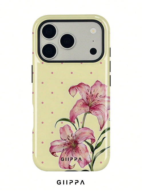 GIIPPA 1pc Cream Yellow Base With Pink Polka Dot And Floral Pattern Design, Phone 17 Pro Max Phone Case, Compatible With Phone 16 Pro Max, 15 Pro Max, 14 Pro Max, Korean Style High-End Fashion Fun Pho