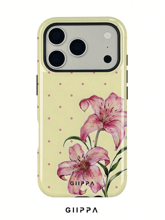GIIPPA 1pc Cream Yellow Base With Pink Polka Dot And Floral Pattern Design, Phone 17 Pro Max Phone Case, Compatible With Phone 16 Pro Max, 15 Pro Max, 14 Pro Max, Korean Style High-End Fashion Fun Pho