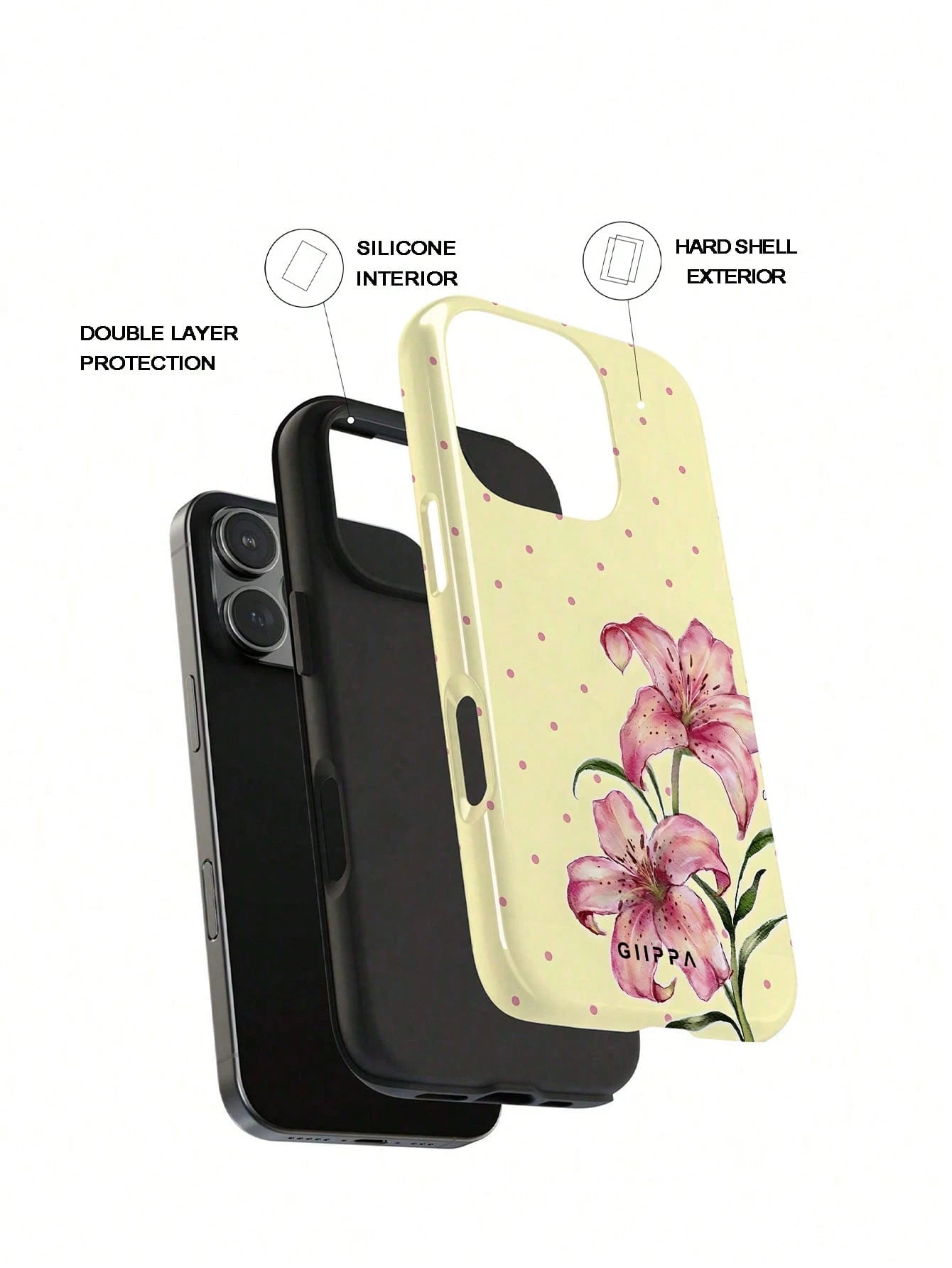 GIIPPA 1pc Cream Yellow Base With Pink Polka Dot And Floral Pattern Design, Phone 17 Pro Max Phone Case, Compatible With Phone 16 Pro Max, 15 Pro Max, 14 Pro Max, Korean Style High-End Fashion Fun Pho