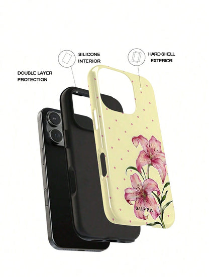 GIIPPA 1pc Cream Yellow Base With Pink Polka Dot And Floral Pattern Design, Phone 17 Pro Max Phone Case, Compatible With Phone 16 Pro Max, 15 Pro Max, 14 Pro Max, Korean Style High-End Fashion Fun Pho