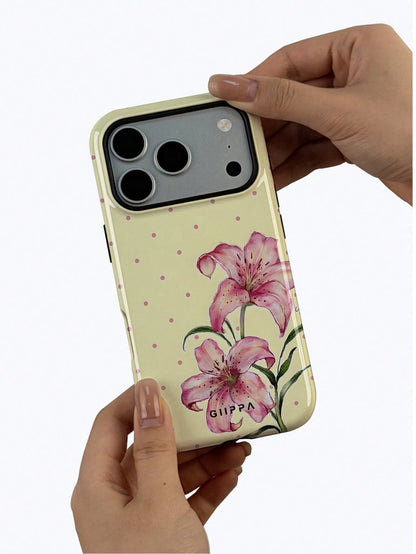 GIIPPA 1pc Cream Yellow Base With Pink Polka Dot And Floral Pattern Design, Phone 17 Pro Max Phone Case, Compatible With Phone 16 Pro Max, 15 Pro Max, 14 Pro Max, Korean Style High-End Fashion Fun Pho