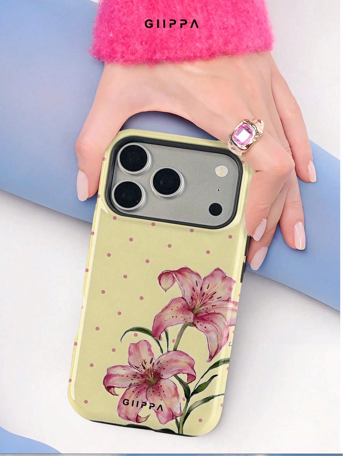 GIIPPA 1pc Cream Yellow Base With Pink Polka Dot And Floral Pattern Design, Phone 17 Pro Max Phone Case, Compatible With Phone 16 Pro Max, 15 Pro Max, 14 Pro Max, Korean Style High-End Fashion Fun Pho