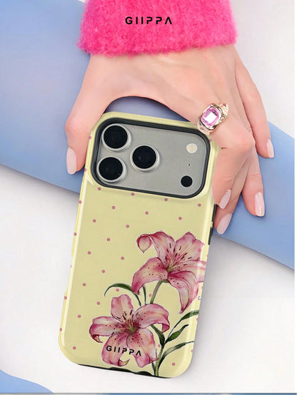GIIPPA 1pc Cream Yellow Base With Pink Polka Dot And Floral Pattern Design, Phone 17 Pro Max Phone Case, Compatible With Phone 16 Pro Max, 15 Pro Max, 14 Pro Max, Korean Style High-End Fashion Fun Pho