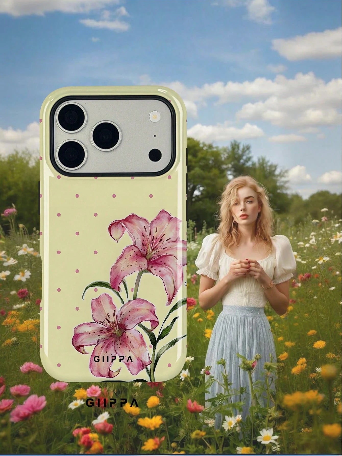 GIIPPA 1pc Cream Yellow Base With Pink Polka Dot And Floral Pattern Design, Phone 17 Pro Max Phone Case, Compatible With Phone 16 Pro Max, 15 Pro Max, 14 Pro Max, Korean Style High-End Fashion Fun Pho