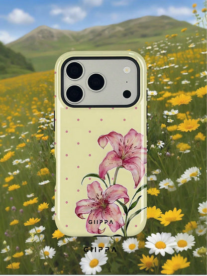 GIIPPA 1pc Cream Yellow Base With Pink Polka Dot And Floral Pattern Design, Phone 17 Pro Max Phone Case, Compatible With Phone 16 Pro Max, 15 Pro Max, 14 Pro Max, Korean Style High-End Fashion Fun Pho