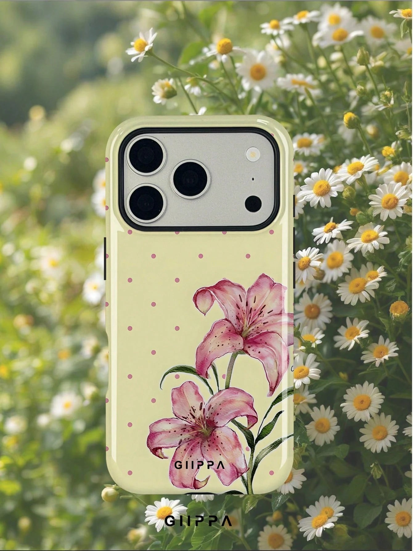 GIIPPA 1pc Cream Yellow Base With Pink Polka Dot And Floral Pattern Design, Phone 17 Pro Max Phone Case, Compatible With Phone 16 Pro Max, 15 Pro Max, 14 Pro Max, Korean Style High-End Fashion Fun Pho