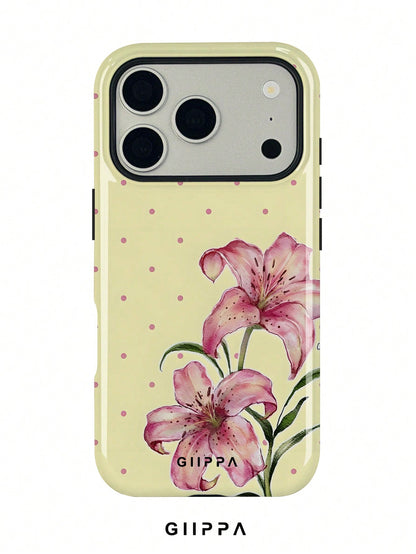 GIIPPA 1pc Cream Yellow Base With Pink Polka Dot And Floral Pattern Design, Phone 17 Pro Max Phone Case, Compatible With Phone 16 Pro Max, 15 Pro Max, 14 Pro Max, Korean Style High-End Fashion Fun Pho