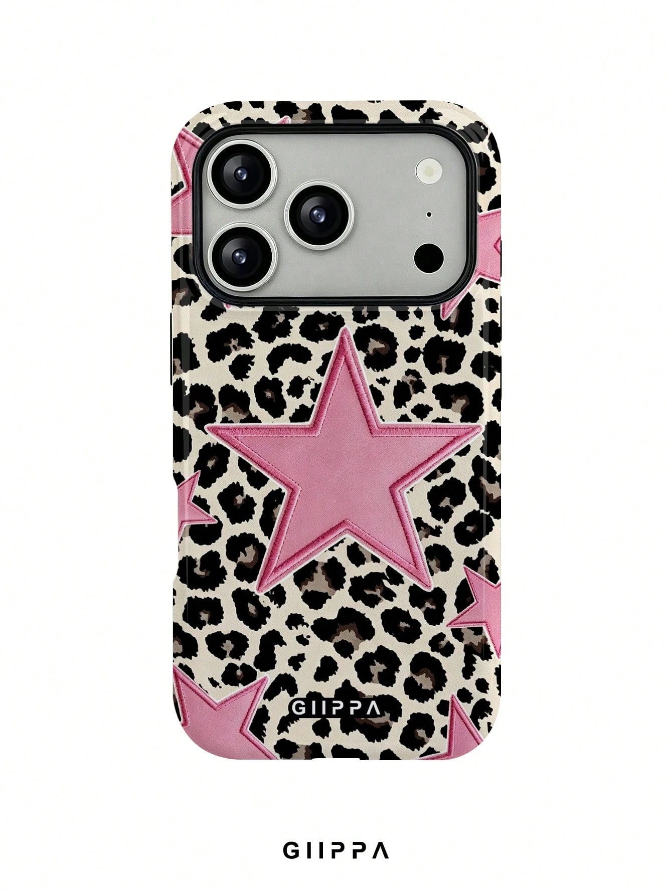 GIIPPA 1pc Leopard Print Base & Pink Pentagram Design Phone Case, Compatible With Phone 17 Pro Max, 16 Pro Max, 15 Pro Max, 14 Pro Max, 11/12/13/14/15/16 Pro Max Plus, Korean Style High-End Fashion Fu
