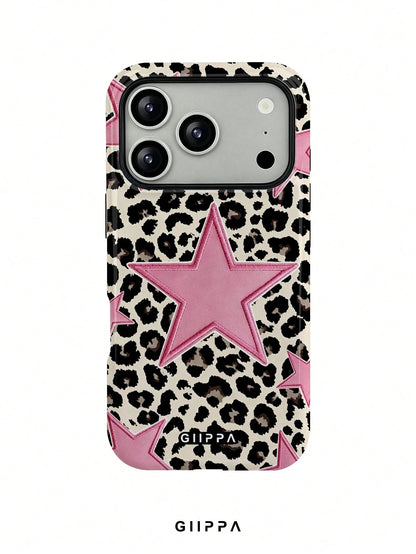 GIIPPA 1pc Leopard Print Base & Pink Pentagram Design Phone Case, Compatible With Phone 17 Pro Max, 16 Pro Max, 15 Pro Max, 14 Pro Max, 11/12/13/14/15/16 Pro Max Plus, Korean Style High-End Fashion Fu