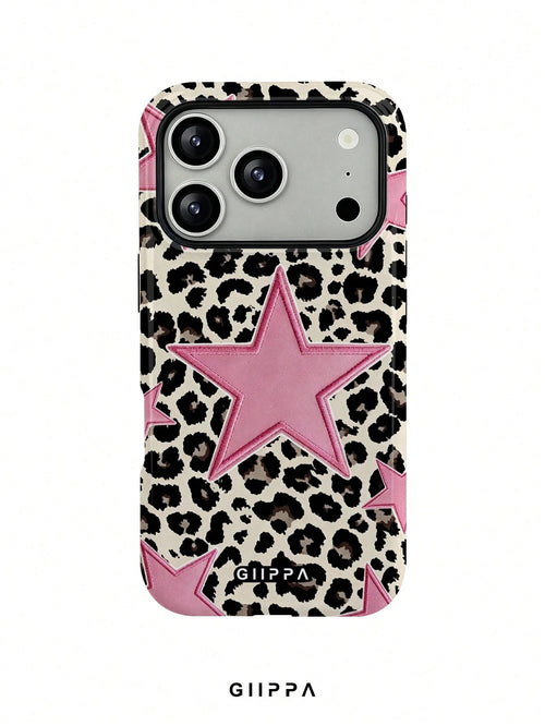 GIIPPA 1pc Leopard Print Base & Pink Pentagram Design Phone Case, Compatible With Phone 17 Pro Max, 16 Pro Max, 15 Pro Max, 14 Pro Max, 11/12/13/14/15/16 Pro Max Plus, Korean Style High-End Fashion Fu