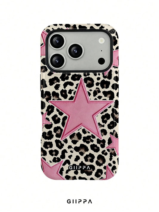 GIIPPA 1pc Leopard Print Base & Pink Pentagram Design Phone Case, Compatible With Phone 17 Pro Max, 16 Pro Max, 15 Pro Max, 14 Pro Max, 11/12/13/14/15/16 Pro Max Plus, Korean Style High-End Fashion Fu