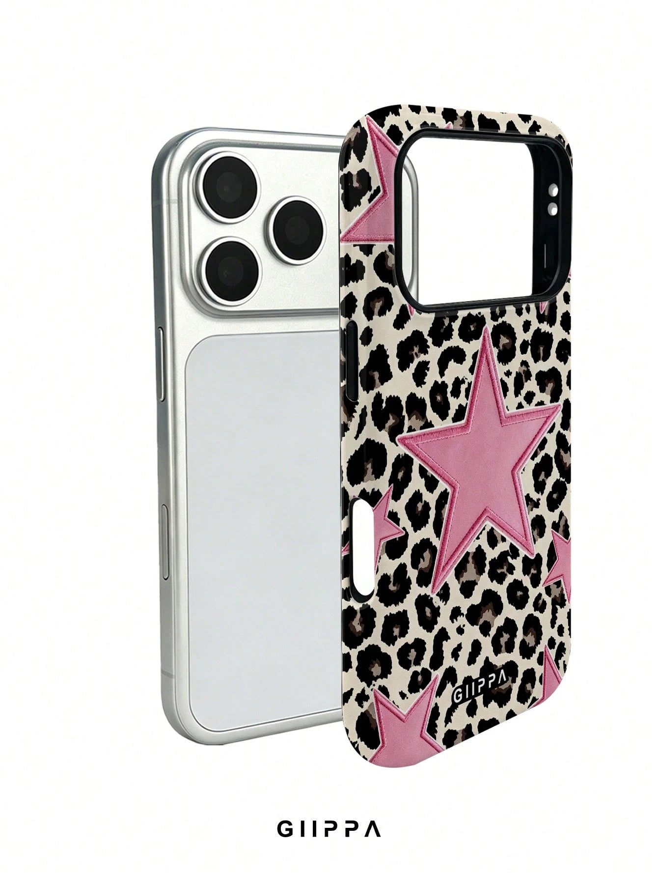 GIIPPA 1pc Leopard Print Base & Pink Pentagram Design Phone Case, Compatible With Phone 17 Pro Max, 16 Pro Max, 15 Pro Max, 14 Pro Max, 11/12/13/14/15/16 Pro Max Plus, Korean Style High-End Fashion Fu
