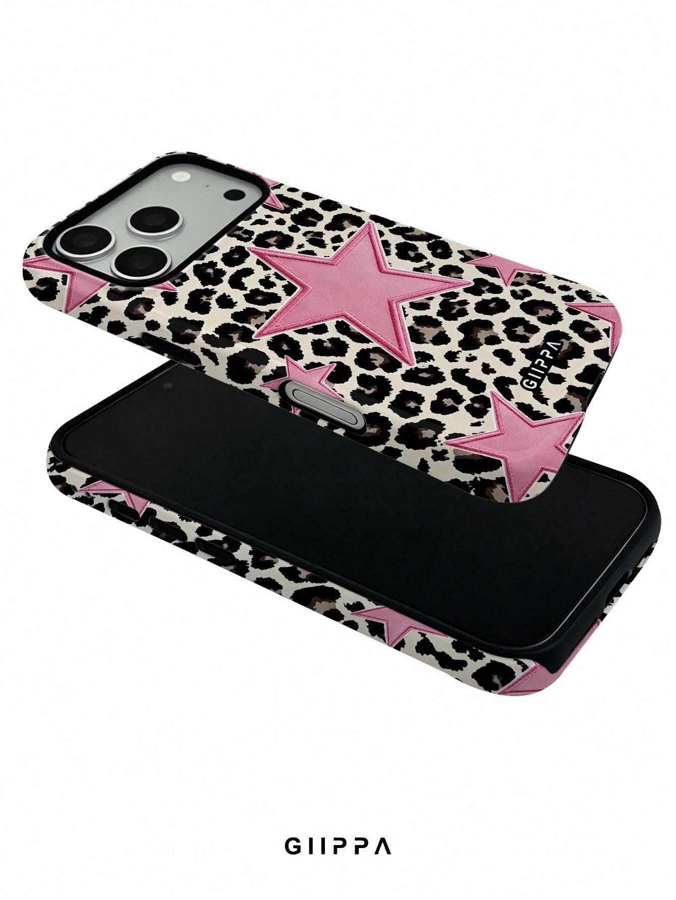 GIIPPA 1pc Leopard Print Base & Pink Pentagram Design Phone Case, Compatible With Phone 17 Pro Max, 16 Pro Max, 15 Pro Max, 14 Pro Max, 11/12/13/14/15/16 Pro Max Plus, Korean Style High-End Fashion Fu