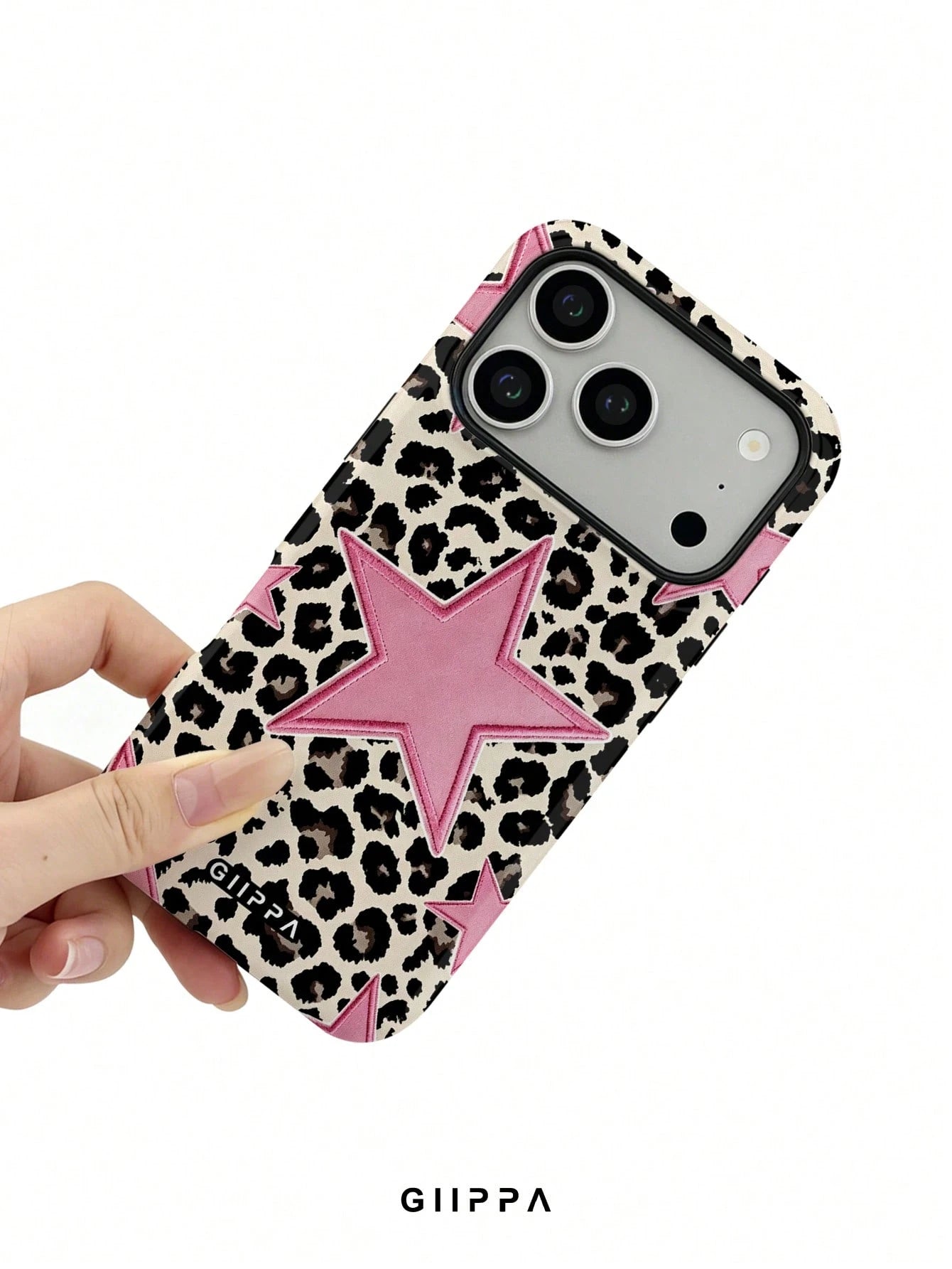 GIIPPA 1pc Leopard Print Base & Pink Pentagram Design Phone Case, Compatible With Phone 17 Pro Max, 16 Pro Max, 15 Pro Max, 14 Pro Max, 11/12/13/14/15/16 Pro Max Plus, Korean Style High-End Fashion Fu