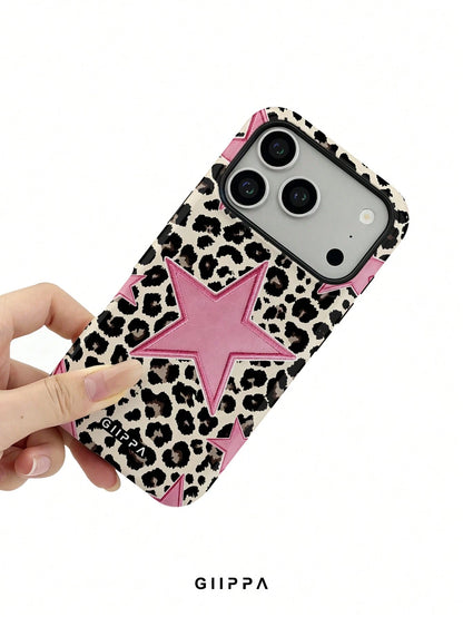GIIPPA 1pc Leopard Print Base & Pink Pentagram Design Phone Case, Compatible With Phone 17 Pro Max, 16 Pro Max, 15 Pro Max, 14 Pro Max, 11/12/13/14/15/16 Pro Max Plus, Korean Style High-End Fashion Fu