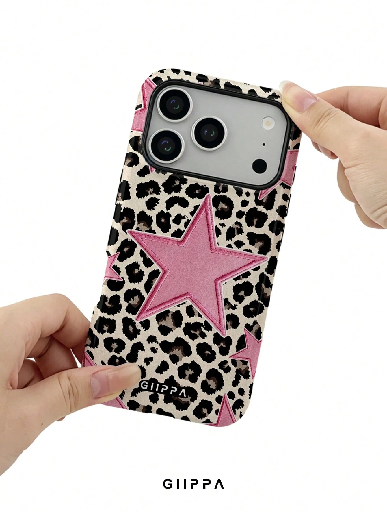 GIIPPA 1pc Leopard Print Base & Pink Pentagram Design Phone Case, Compatible With Phone 17 Pro Max, 16 Pro Max, 15 Pro Max, 14 Pro Max, 11/12/13/14/15/16 Pro Max Plus, Korean Style High-End Fashion Fu