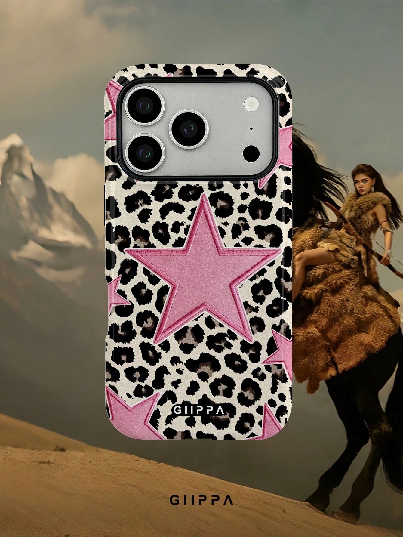 GIIPPA 1pc Leopard Print Base & Pink Pentagram Design Phone Case, Compatible With Phone 17 Pro Max, 16 Pro Max, 15 Pro Max, 14 Pro Max, 11/12/13/14/15/16 Pro Max Plus, Korean Style High-End Fashion Fu