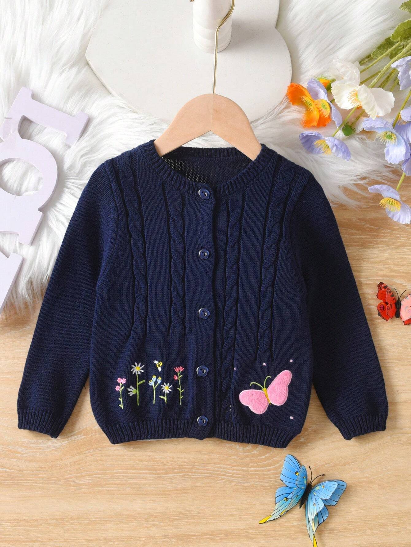 Girls/Baby Girls' Cute Flower & Butterfly Pattern Round Neck Twisted Sweater Cardigan, Suitable For Leisure & Holiday In Spring, Autumn And Winter