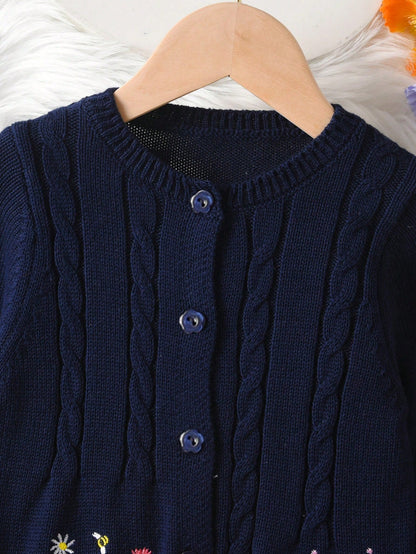 Girls/Baby Girls' Cute Flower & Butterfly Pattern Round Neck Twisted Sweater Cardigan, Suitable For Leisure & Holiday In Spring, Autumn And Winter