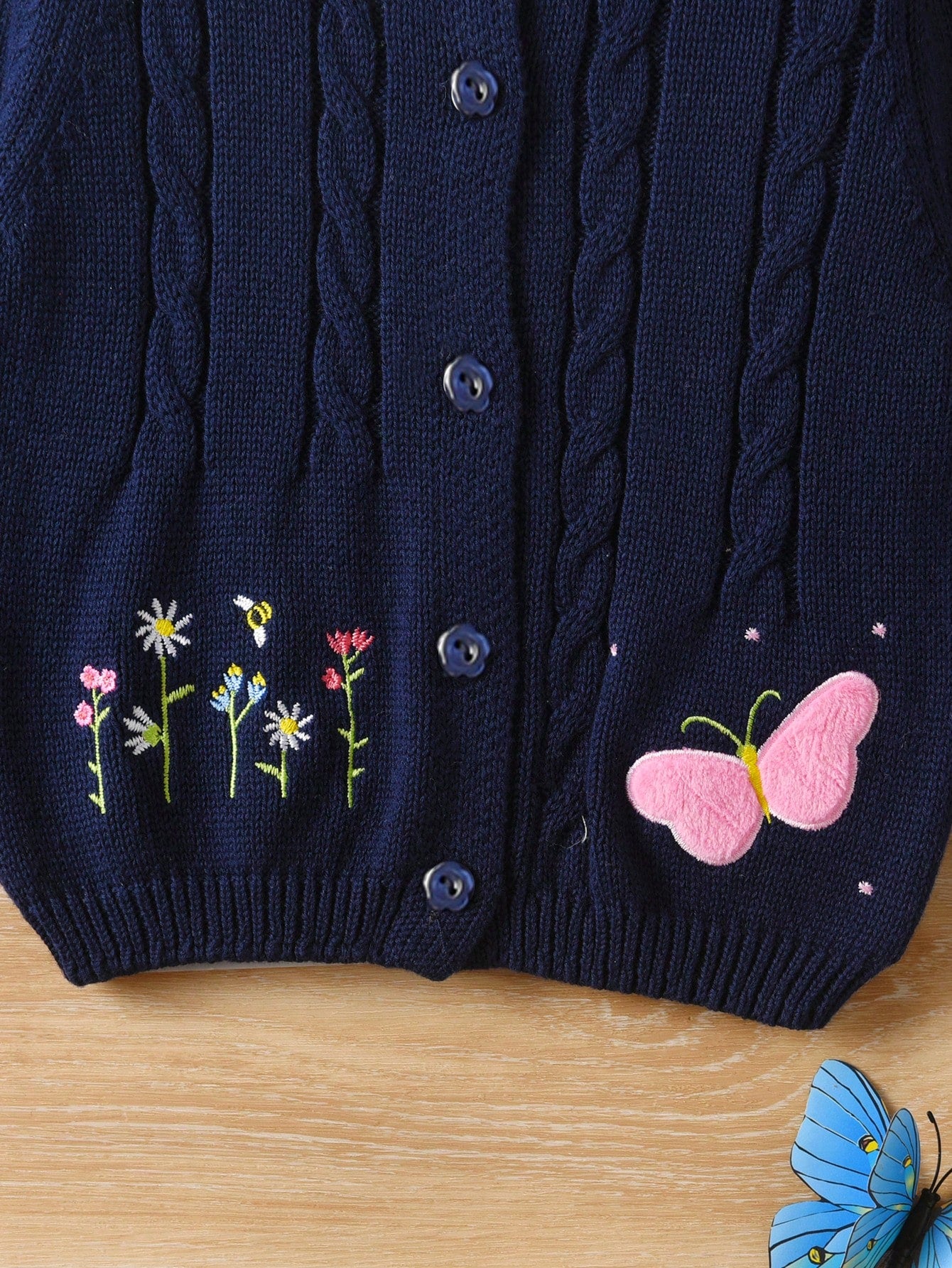 Girls/Baby Girls' Cute Flower & Butterfly Pattern Round Neck Twisted Sweater Cardigan, Suitable For Leisure & Holiday In Spring, Autumn And Winter