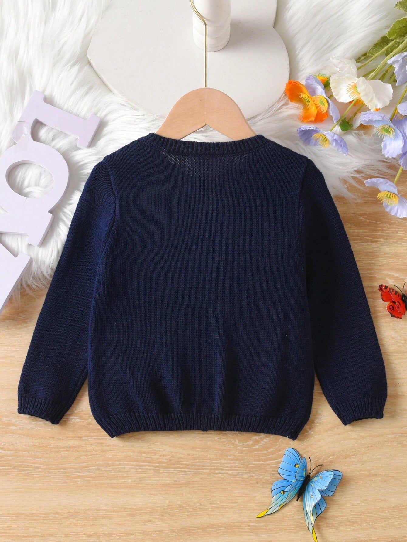 Girls/Baby Girls' Cute Flower & Butterfly Pattern Round Neck Twisted Sweater Cardigan, Suitable For Leisure & Holiday In Spring, Autumn And Winter