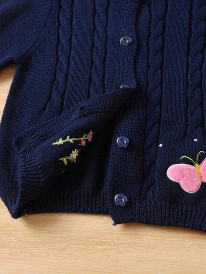 Girls/Baby Girls' Cute Flower & Butterfly Pattern Round Neck Twisted Sweater Cardigan, Suitable For Leisure & Holiday In Spring, Autumn And Winter