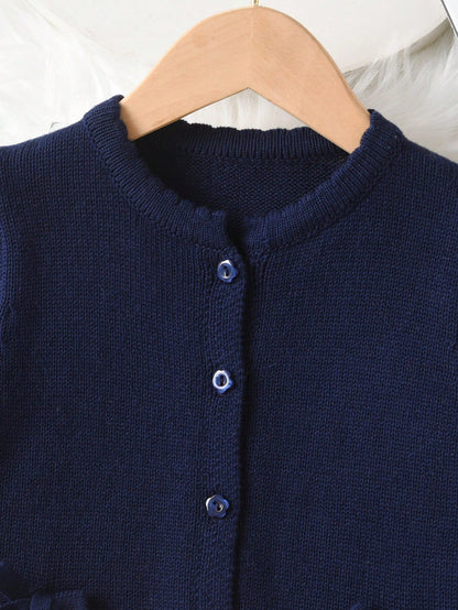Girls & Baby Girls Solid Color Bow Round Neck Cardigan, Cute For Casual Vacation, Suitable For Spring, Autumn And Winter