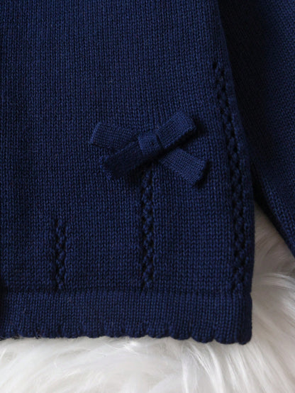 Girls & Baby Girls Solid Color Bow Round Neck Cardigan, Cute For Casual Vacation, Suitable For Spring, Autumn And Winter