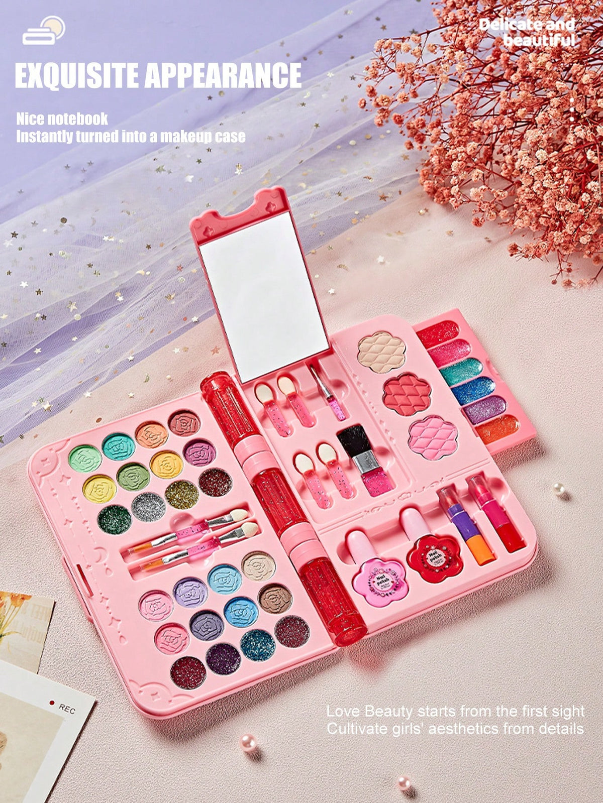 Girls Plastic Makeup Gift Set: Pink Notebook, Plastic Makeup Toy Box. Toy Gift (Color/Placement Random)