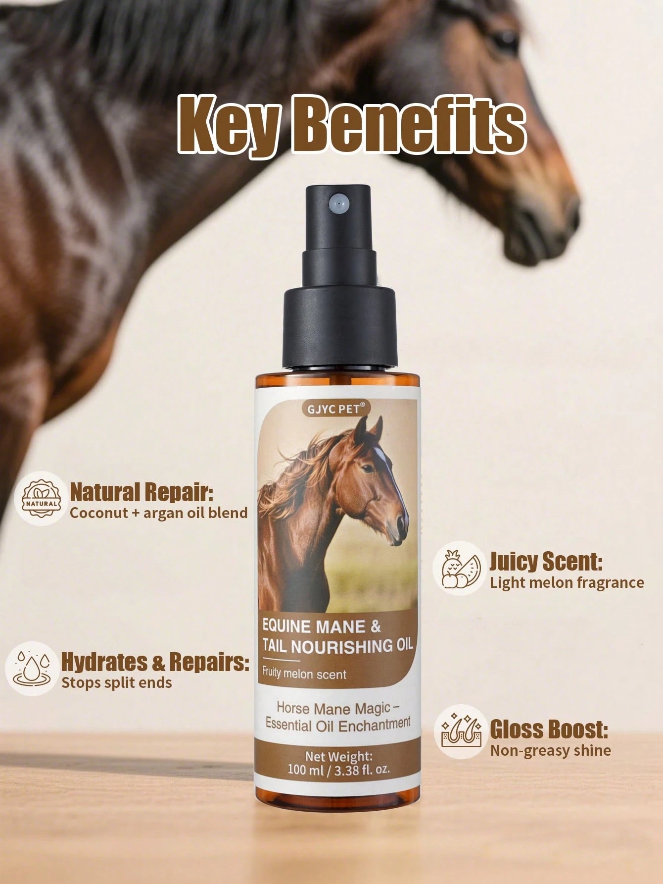 GJYC PET Horse Mane And Tail Nourishing Oil – Strengthens, Repairs Split Ends & Adds Shine – 5 Essential Oils Blend With Jojoba, Coconut, Olive, Grape Seed & Sweet Almond – Leave-In Conditioning Treat