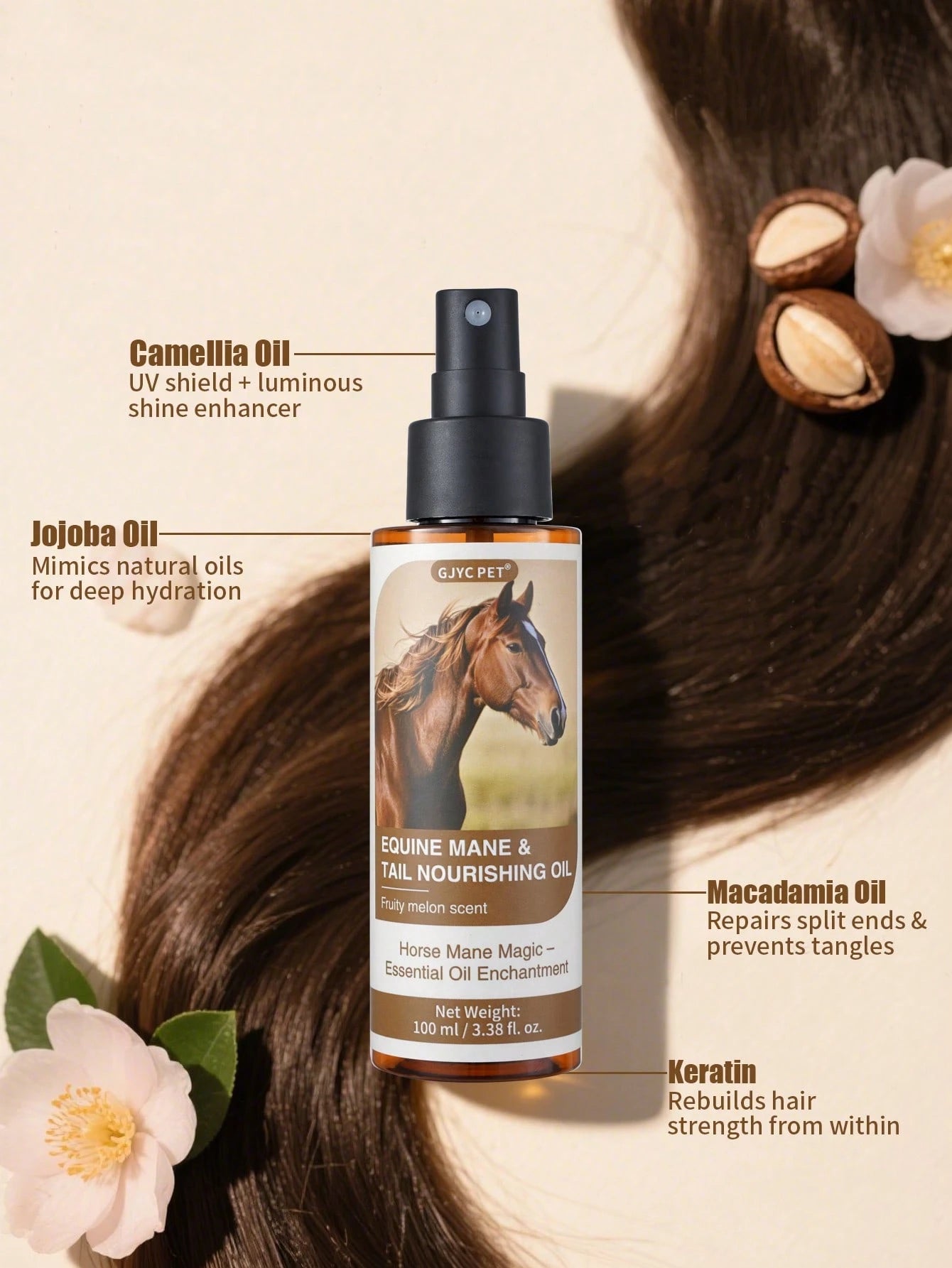 GJYC PET Horse Mane And Tail Nourishing Oil – Strengthens, Repairs Split Ends & Adds Shine – 5 Essential Oils Blend With Jojoba, Coconut, Olive, Grape Seed & Sweet Almond – Leave-In Conditioning Treat