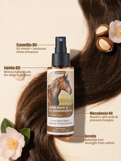 GJYC PET Horse Mane And Tail Nourishing Oil – Strengthens, Repairs Split Ends & Adds Shine – 5 Essential Oils Blend With Jojoba, Coconut, Olive, Grape Seed & Sweet Almond – Leave-In Conditioning Treat
