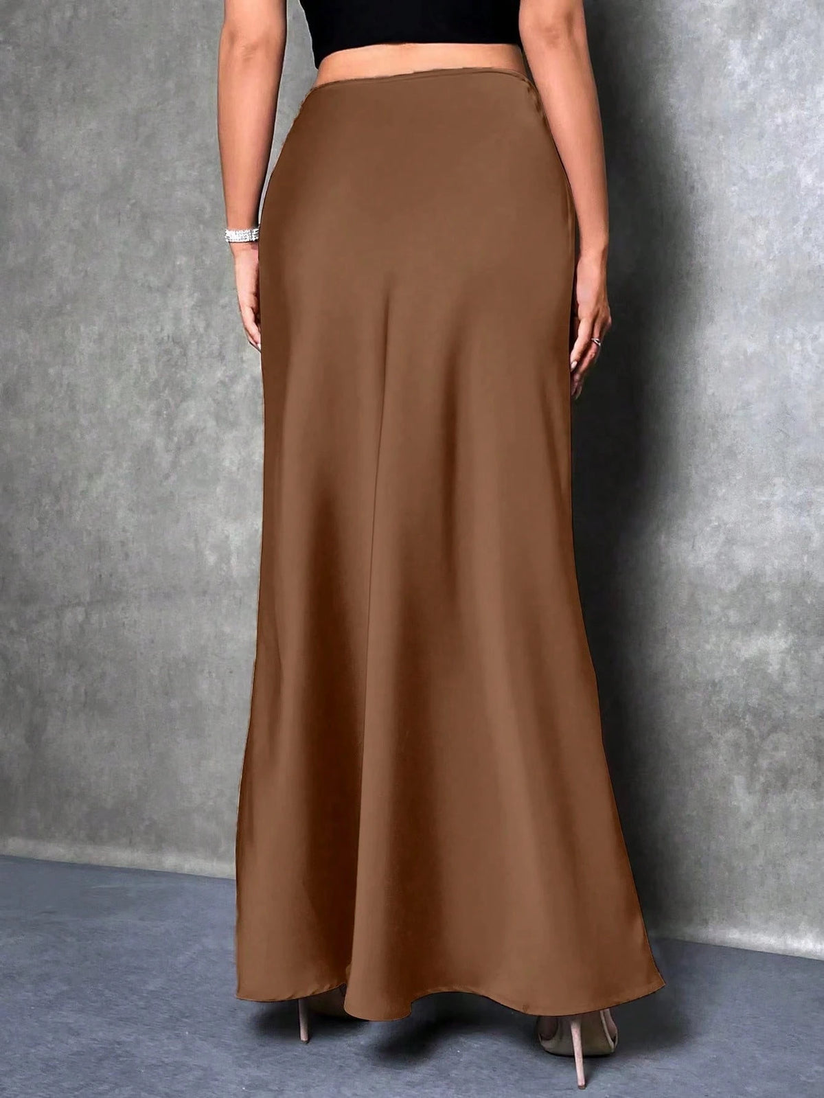Glamine Women's Satin Floor-Length Mermaid Skirt, Versatile Daily Wear Brown Skirt