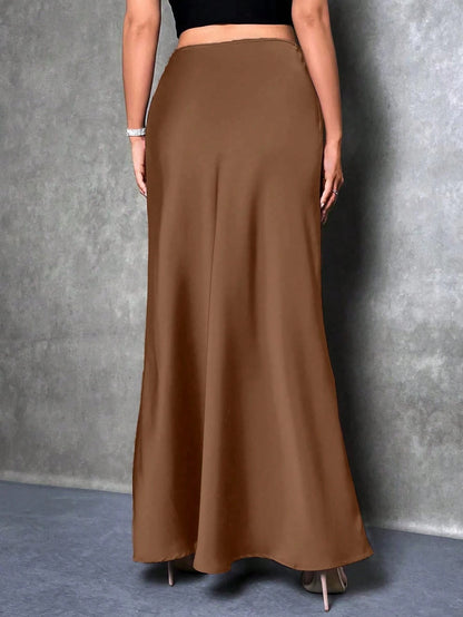 Glamine Women's Satin Floor-Length Mermaid Skirt, Versatile Daily Wear Brown Skirt