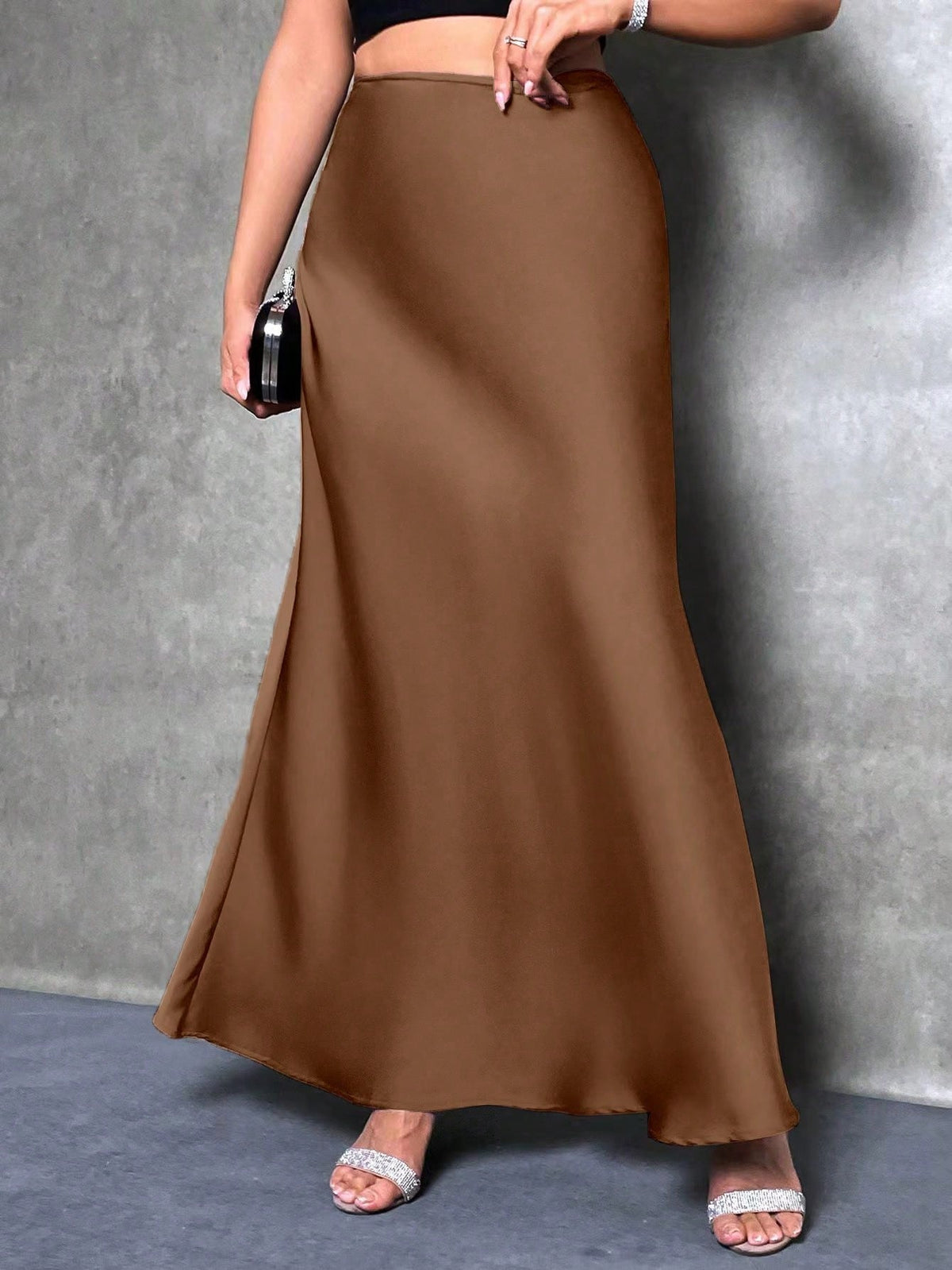 Glamine Women's Satin Floor-Length Mermaid Skirt, Versatile Daily Wear Brown Skirt