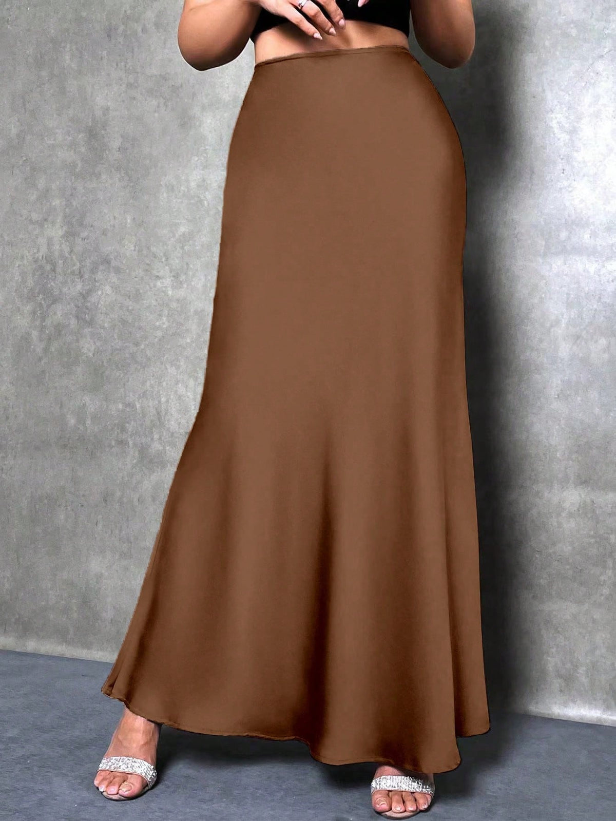 Glamine Women's Satin Floor-Length Mermaid Skirt, Versatile Daily Wear Brown Skirt