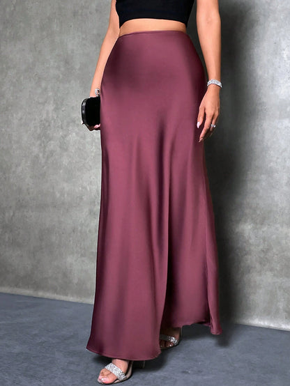 Glamine Women's Satin Floor-Length Mermaid Skirt, Versatile Daily Wear Brown Skirt