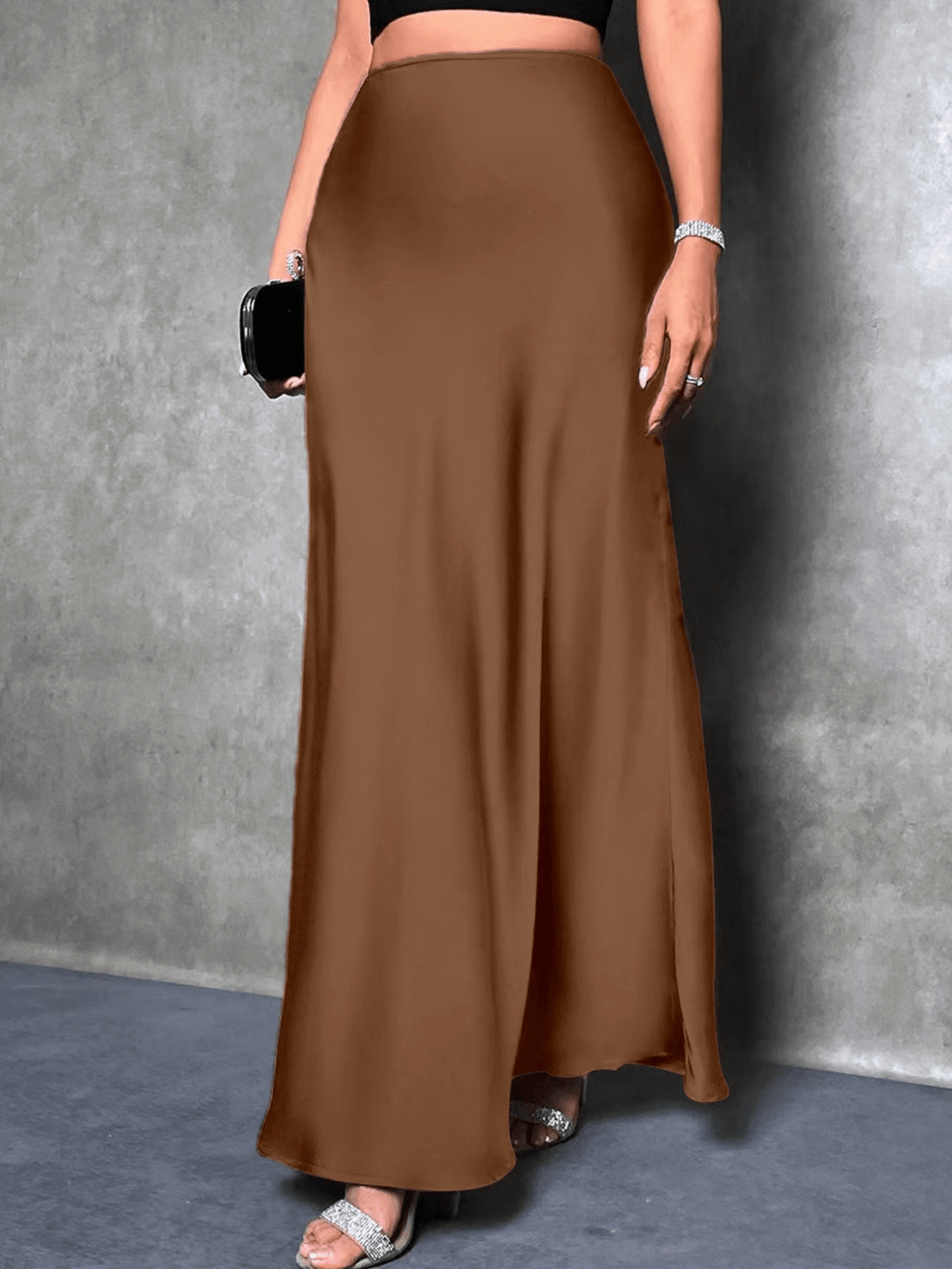 Glamine Women's Satin Floor-Length Mermaid Skirt, Versatile Daily Wear Brown Skirt